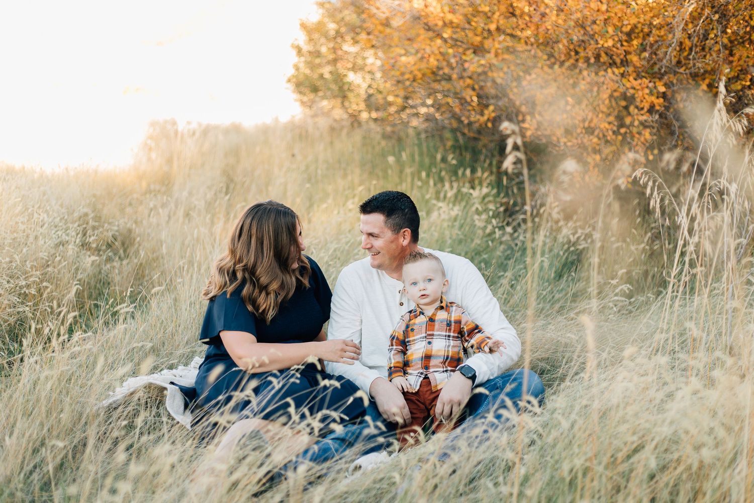 Small family sitting in a golden field with fall trees as their backdrop
