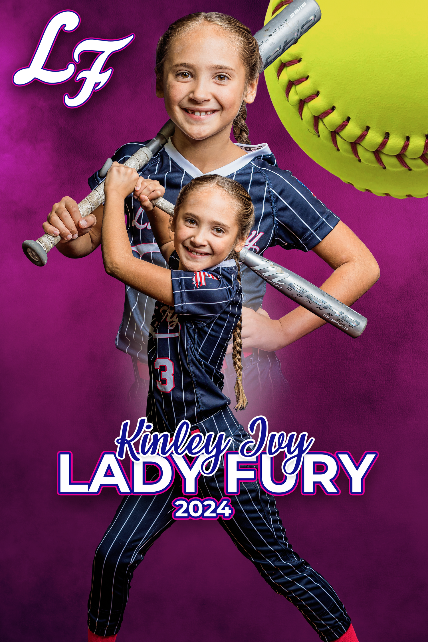 Two softball players in navy pinstriped uniforms posing with bats against purple and yellow background.