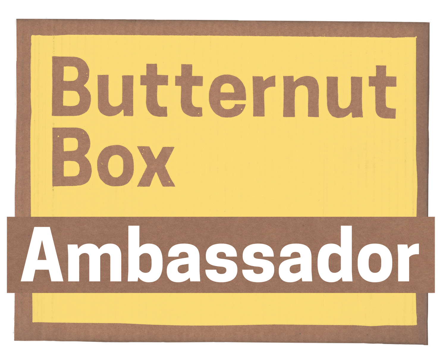 A brown and beige logo design displaying the text 'Butternut Box Ambassador' in a stacked layout.