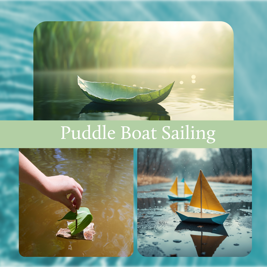 A collection of three serene photos showing leaf boats floating on puddles and ponds with soft nature lighting.