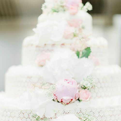 Delicate white wedding cake adorned with soft pink roses and shimmering details in a romantic pastel color palette.