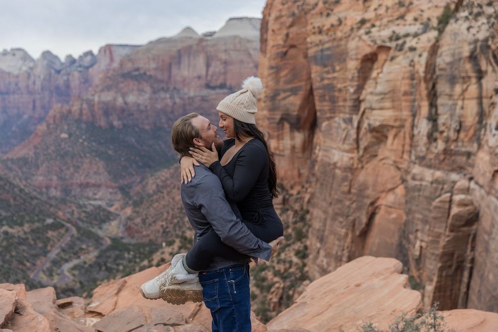 couple after their engagement in Zion national park
