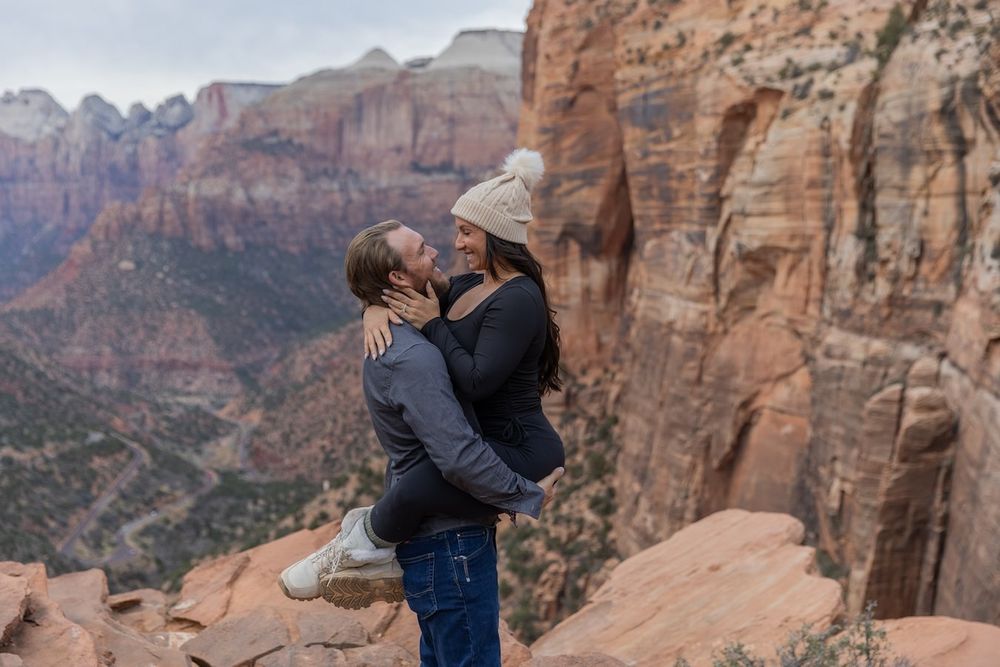 couple after their engagement in Zion national park