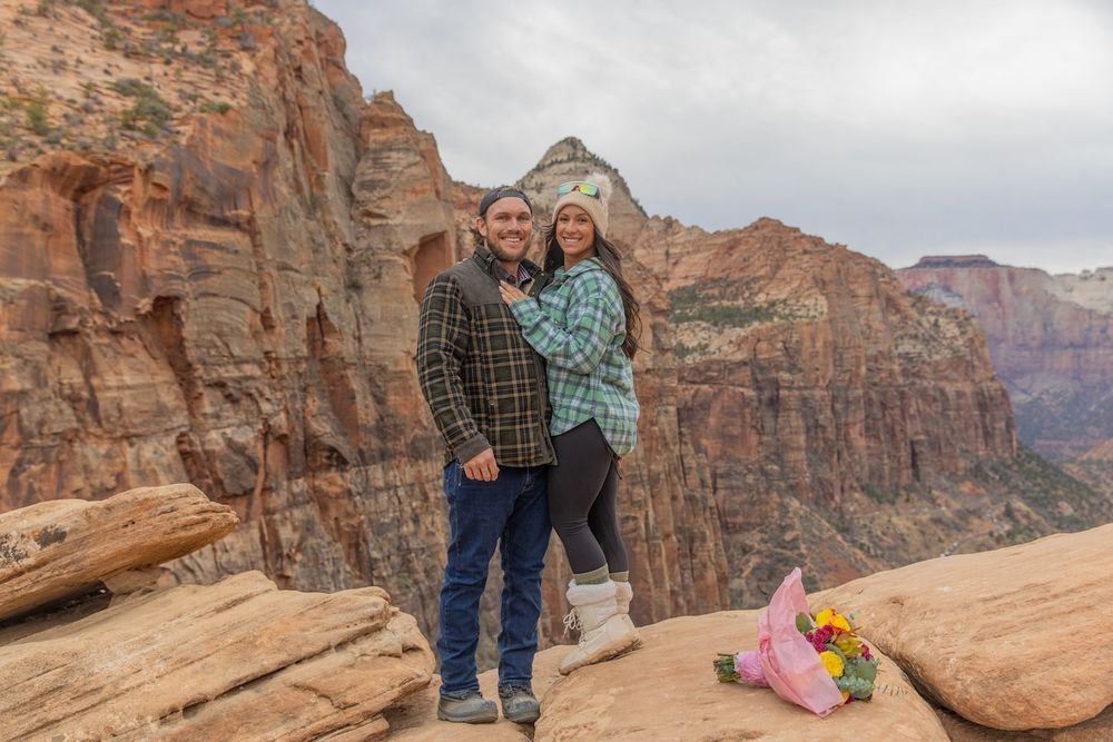 couple after their engagement in Zion national park
