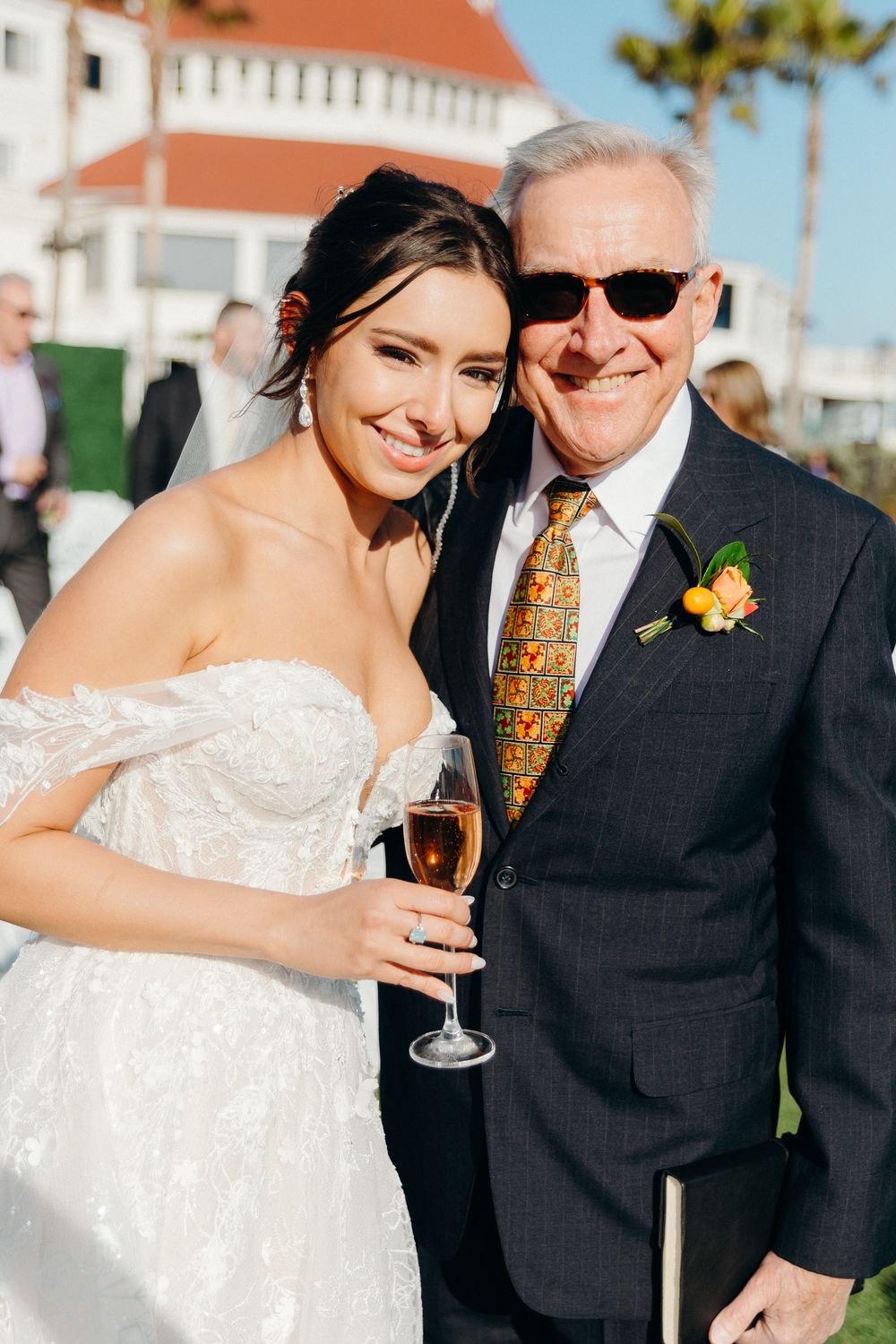 A sunny outdoor wedding celebration at Hotel del Coronado.