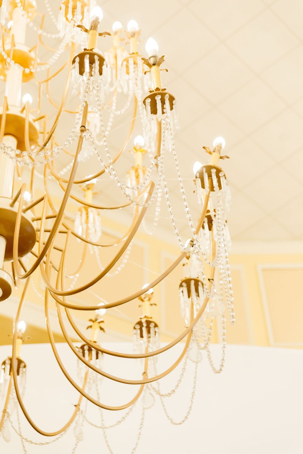 Elegant crystal and gold chandelier with cascading strands creates dramatic wedding reception lighting.