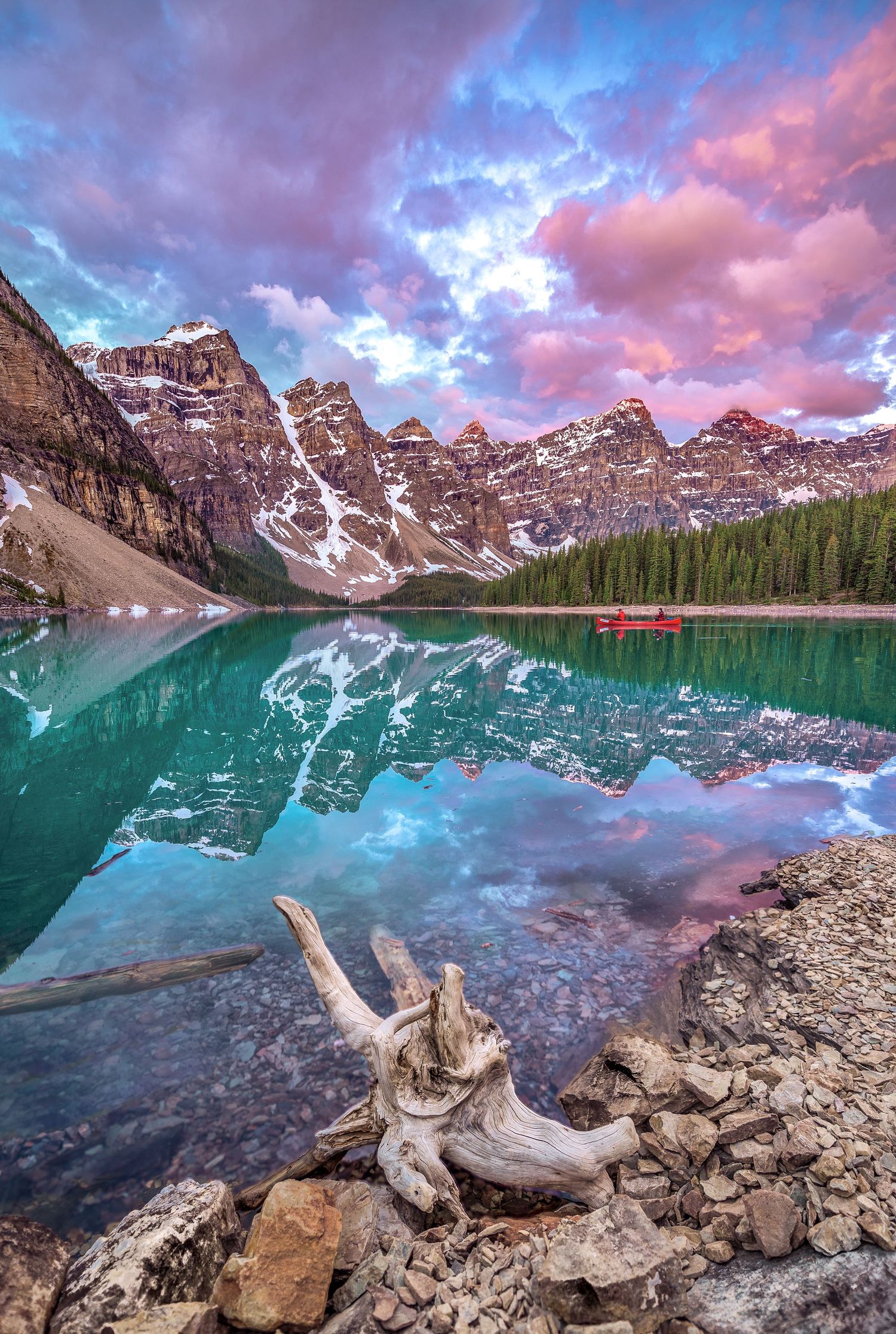 Moraine Lake at sunset with pink clouds reflecting in turquoise water and driftwood in foreground.