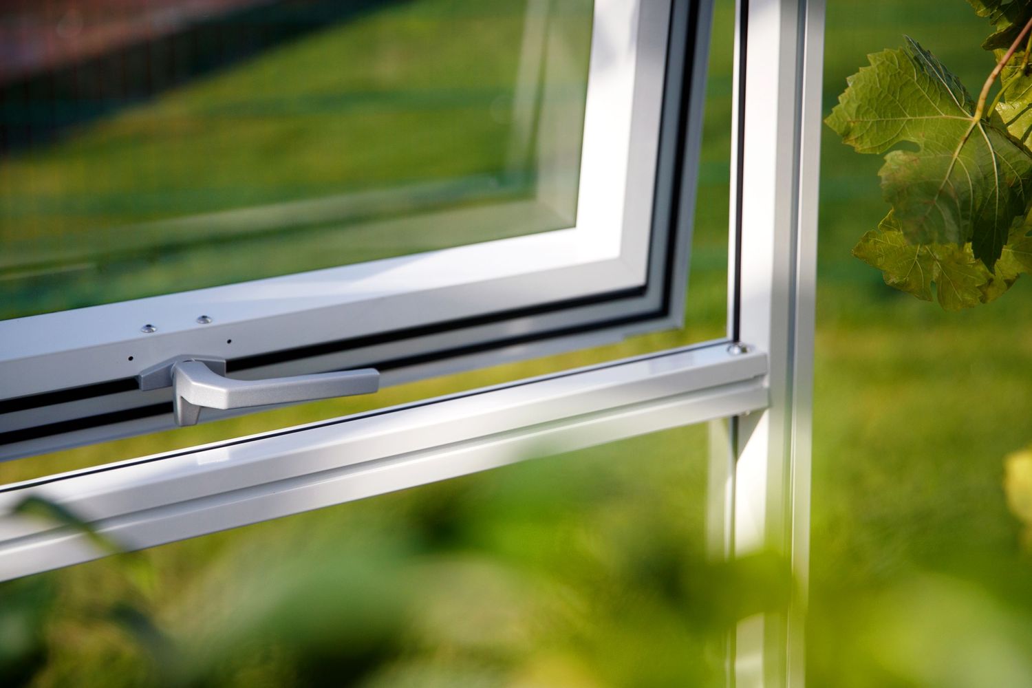 Close-up of a white window frame with blurred green foliage in the background.