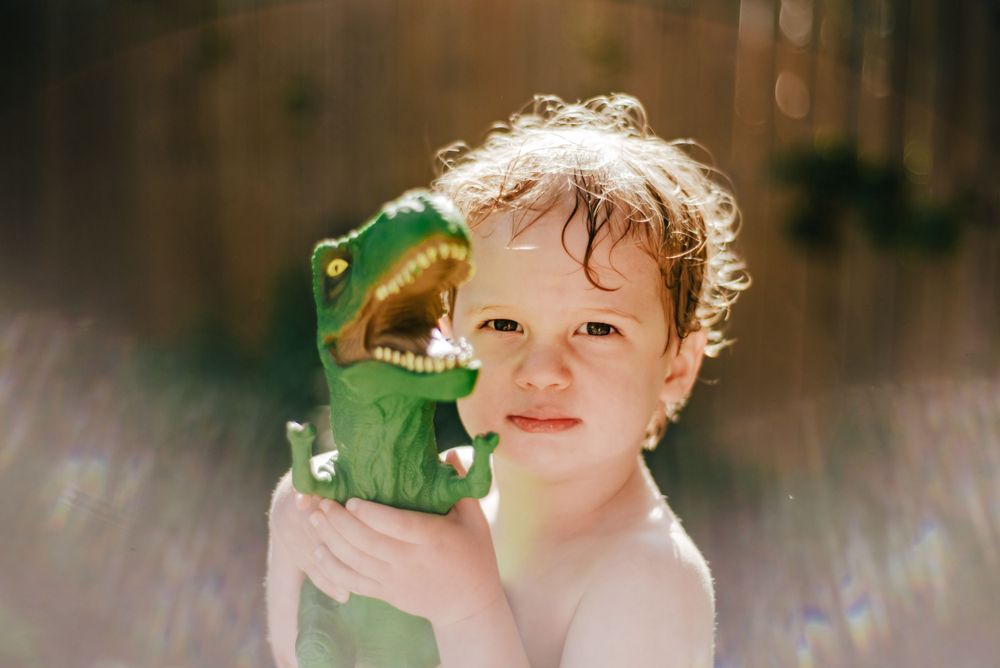 A small green toy dinosaur being held up against a sunny outdoor background.