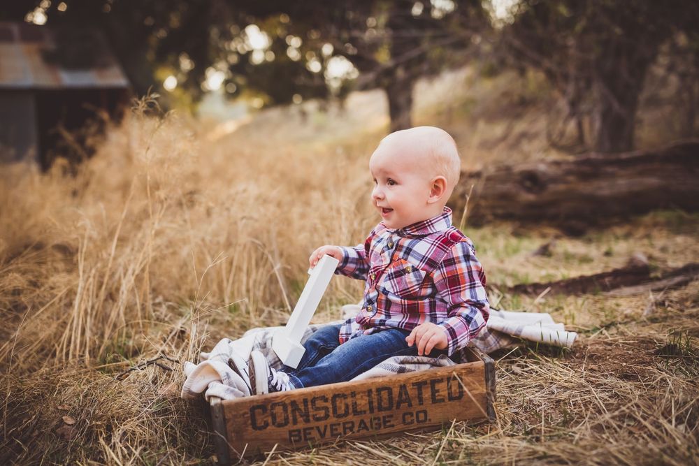 Smiling baby sits in wooden box labeled Consolidated among tall golden grass during outdoor photo session.