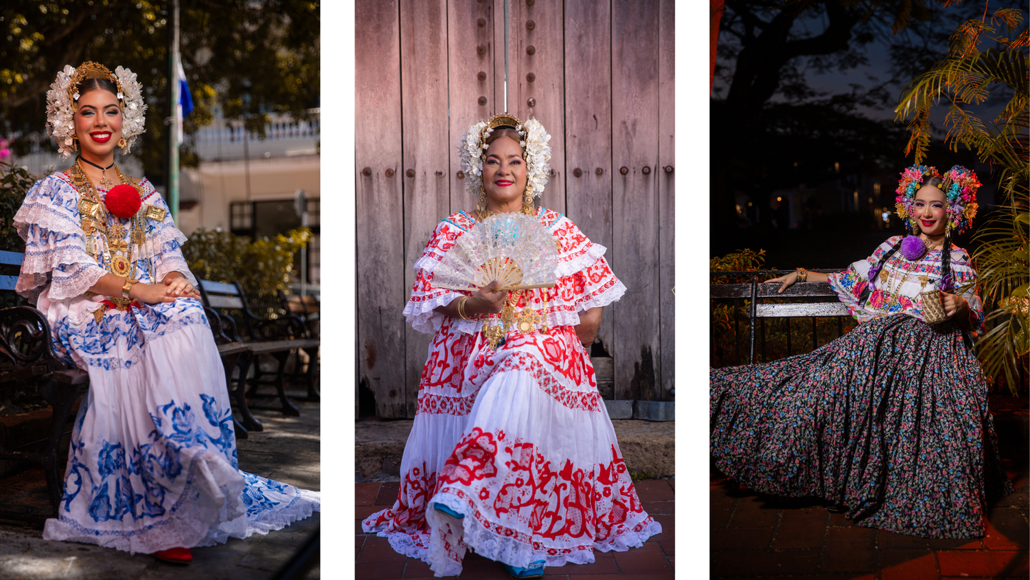 Mujer con pollera santeña de gala en sesión fotográfica en el casco viejo