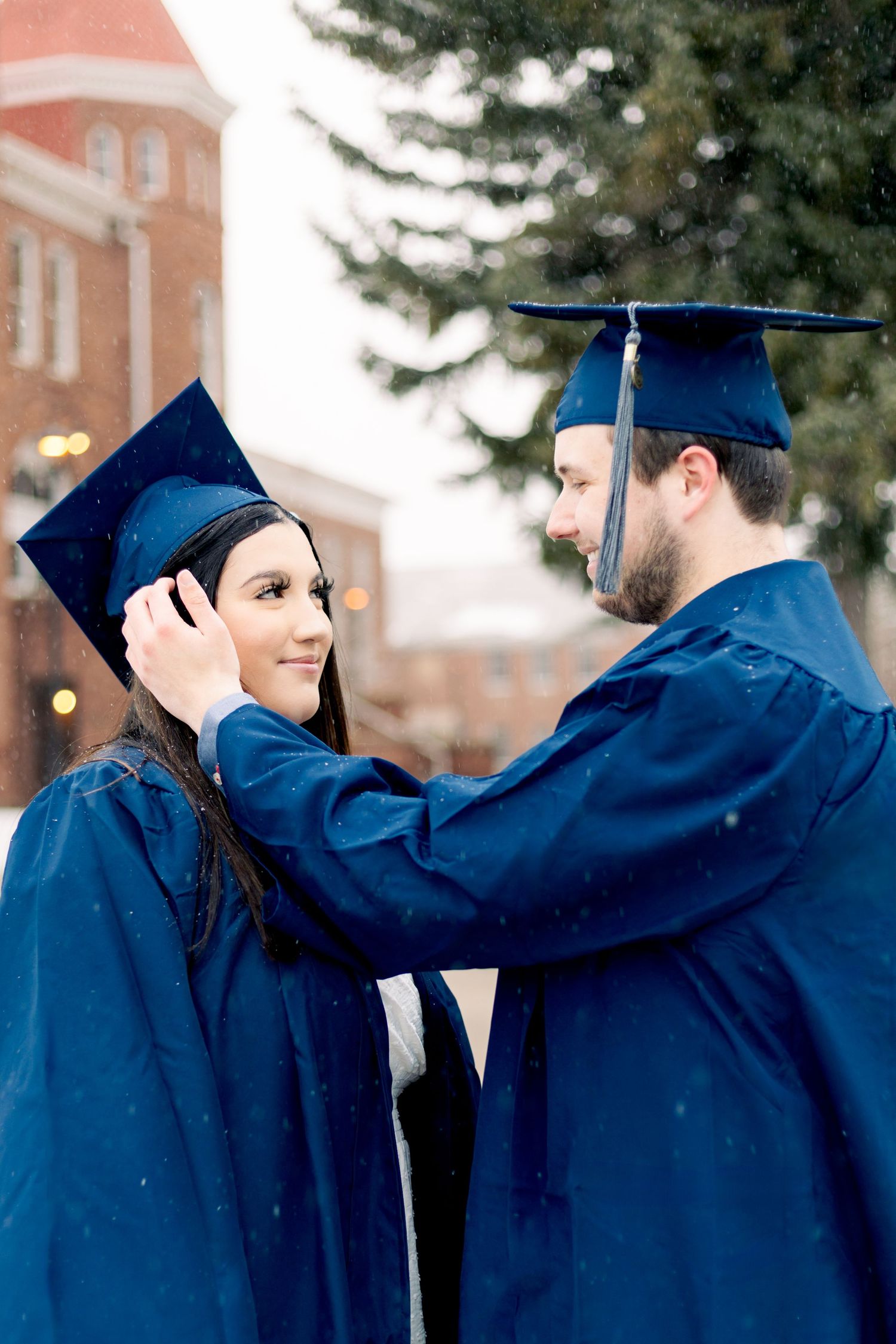 A series of graduation ceremony images showing caps and gowns in deep blue against a soft blurred background.
