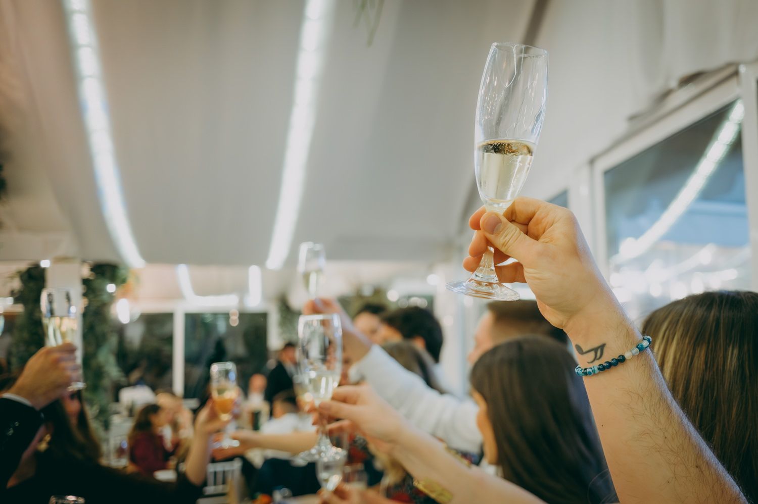 Personas levantando copas de champán en un brindis de celebración en una reunión festiva bajo una decoración de techo blanco.