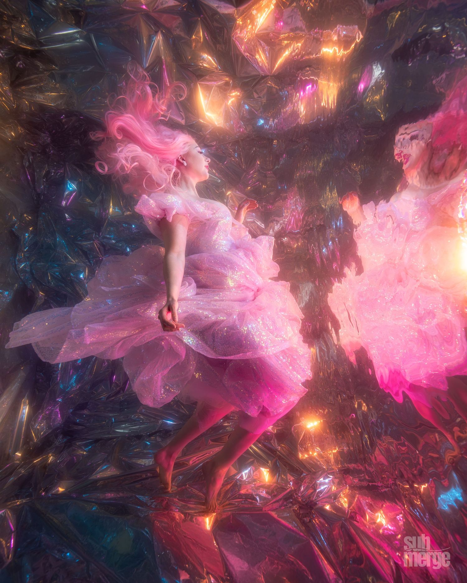 Ethereal digital art shows a floating ballerina in a pink tulle dress surrounded by magical glowing lights and dark shadows.