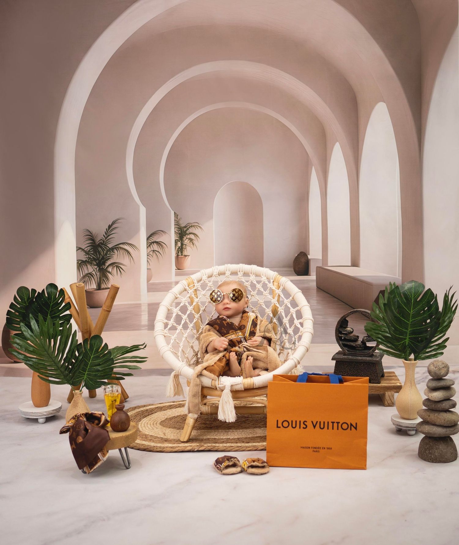 Minimalist archway scene with peacock chair, tropical plants, and luxury brand accessories.