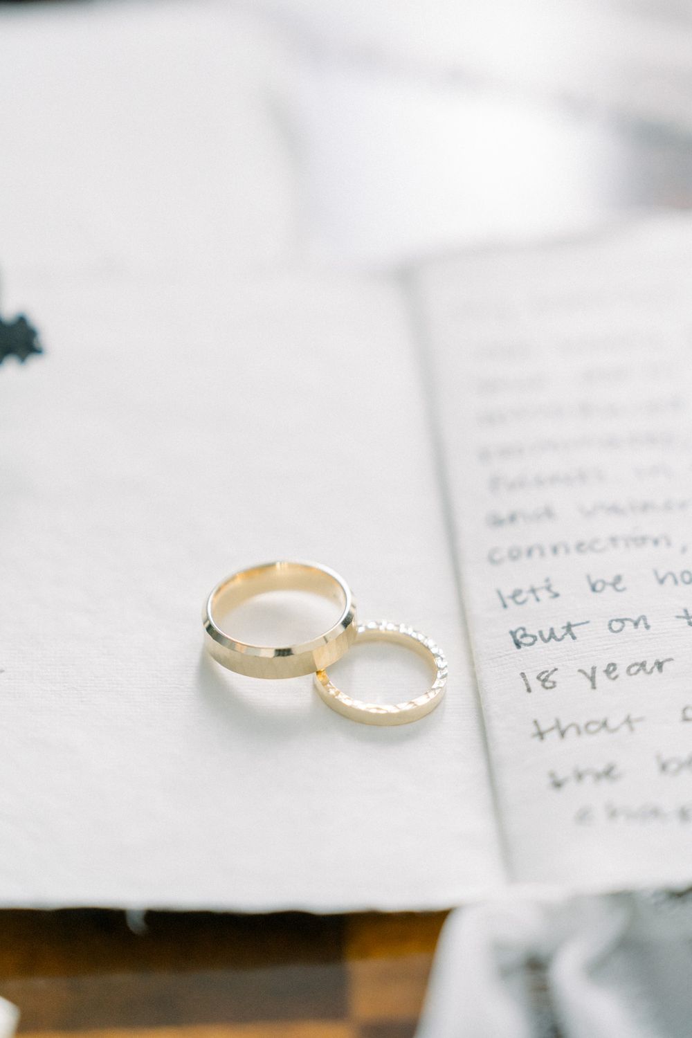 Two gold wedding rings rest on white paper with handwritten text visible in soft focus.