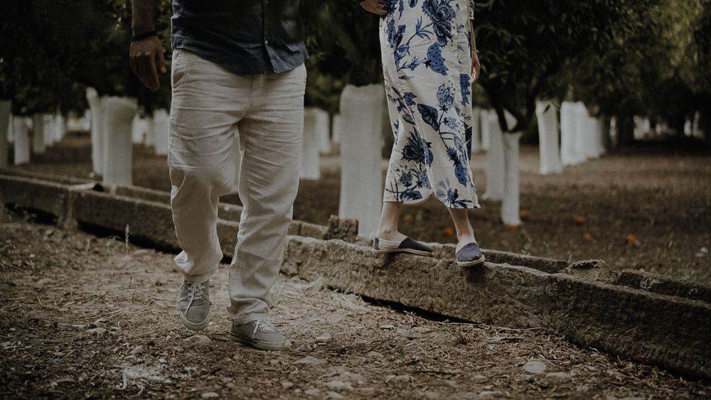 Low angle shot of two people walking on a path between trees.
