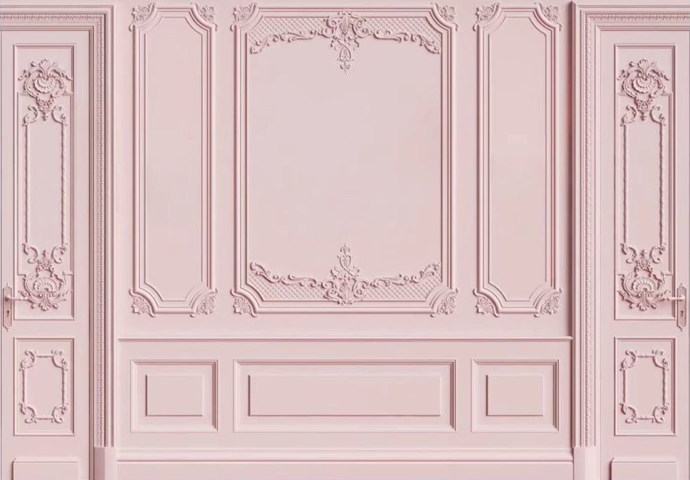 Ornate pink decorative wall panels with intricate molding and baroque style architectural details in a luxurious interior.