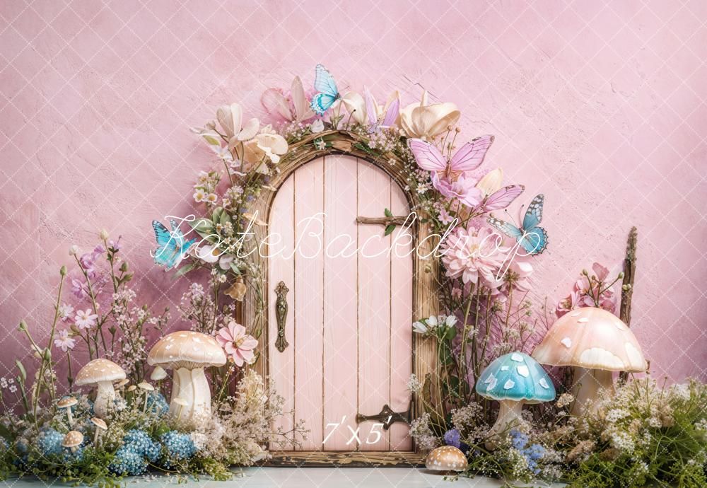 Magical fairy door collage with pink background, blue butterflies, and delicate floral elements creating a whimsical scene.