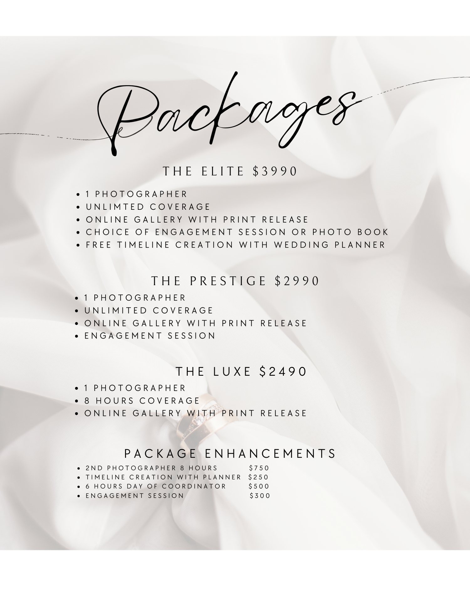 Photography package pricing list displaying elite and prestige options with service details.