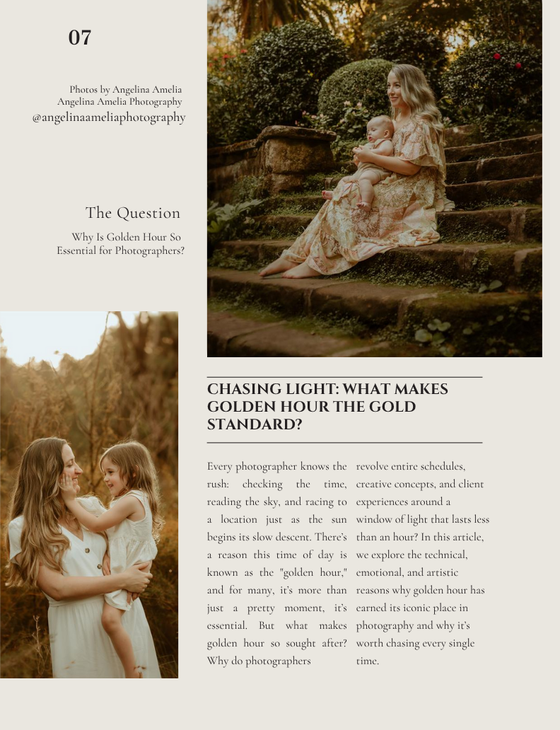 A warm-toned photography blog post layout showcases golden hour portraits and text about chasing light.