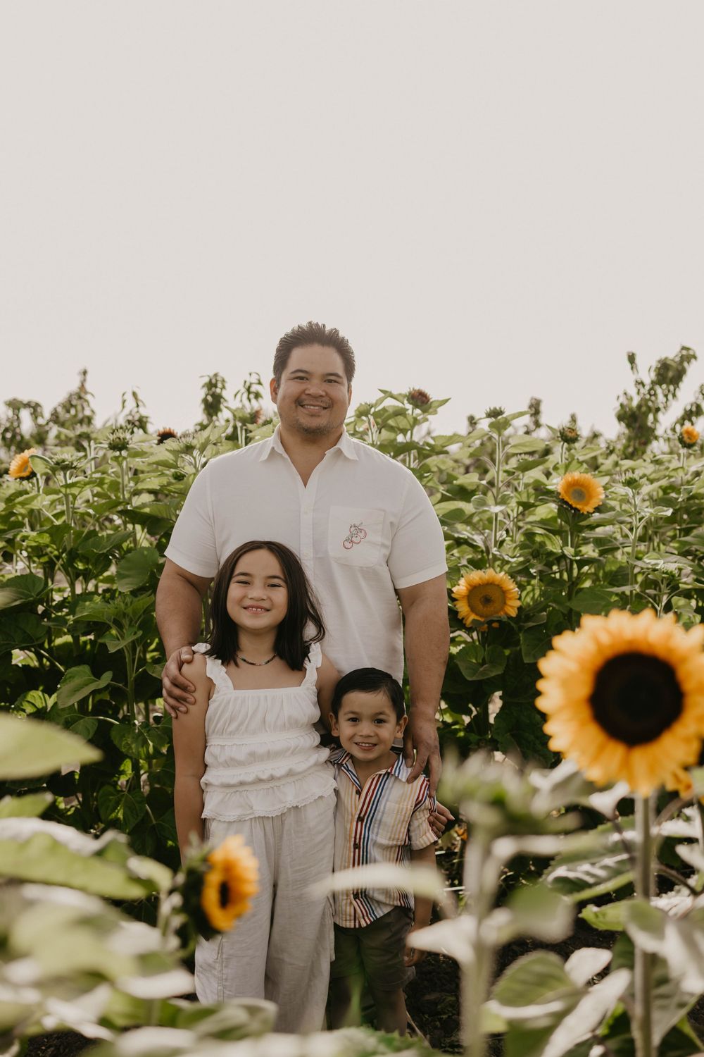 Beautiful family portrait captured in a blooming sunflower field during golden hour.