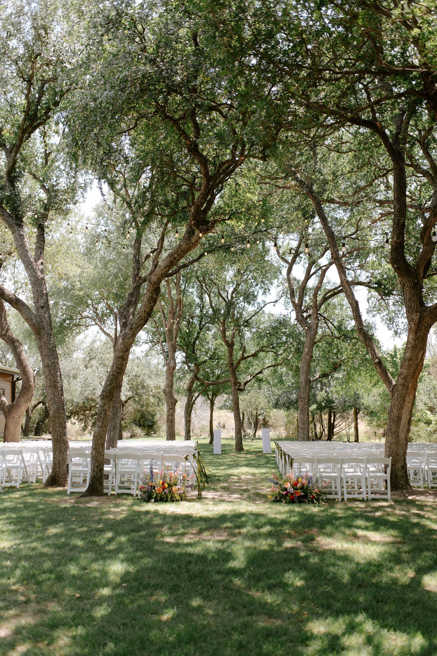 White chairs arranged for an outdoor wedding ceremony under tall shady trees with floral decorations.