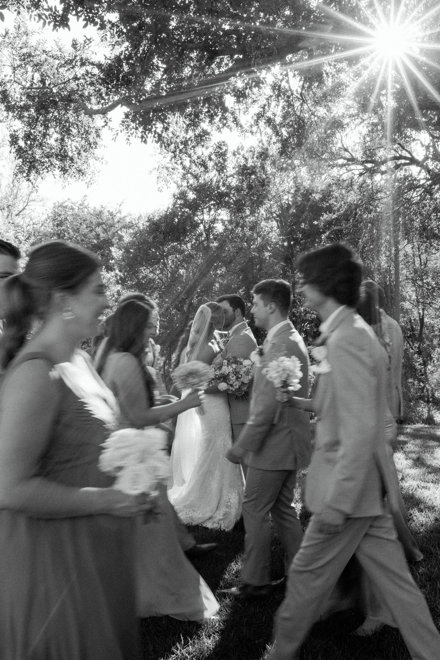 Black and white photo of a wedding party walking outdoors with sunburst through the trees.