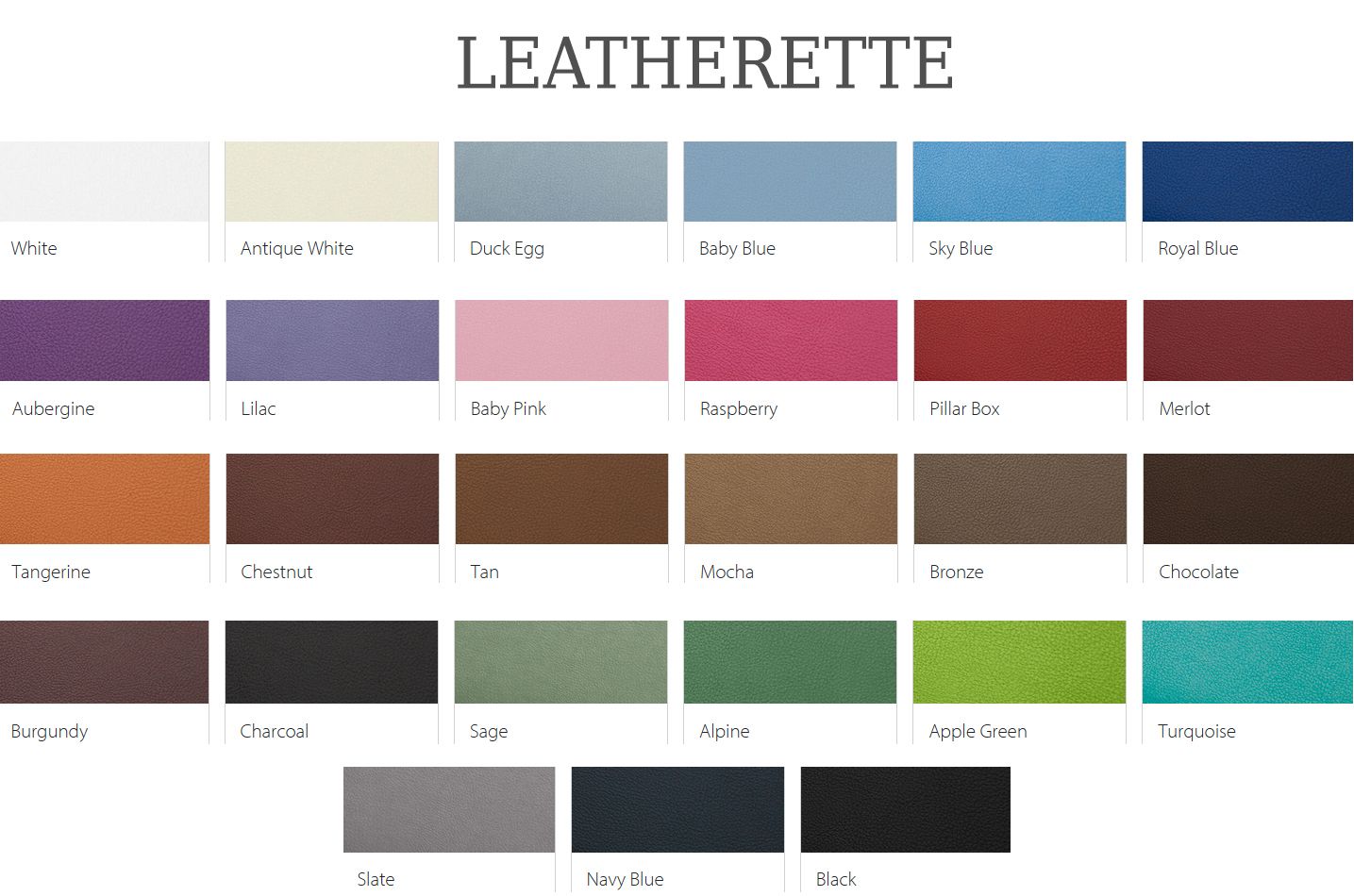 A color swatch palette showing various leatherette material options in muted tones including purple, brown, blue and green shades.