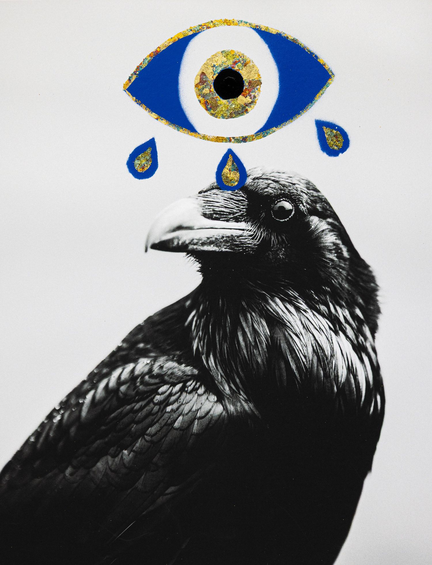 Artistic portrait of a black raven with a mystical blue eye symbol floating above its head.