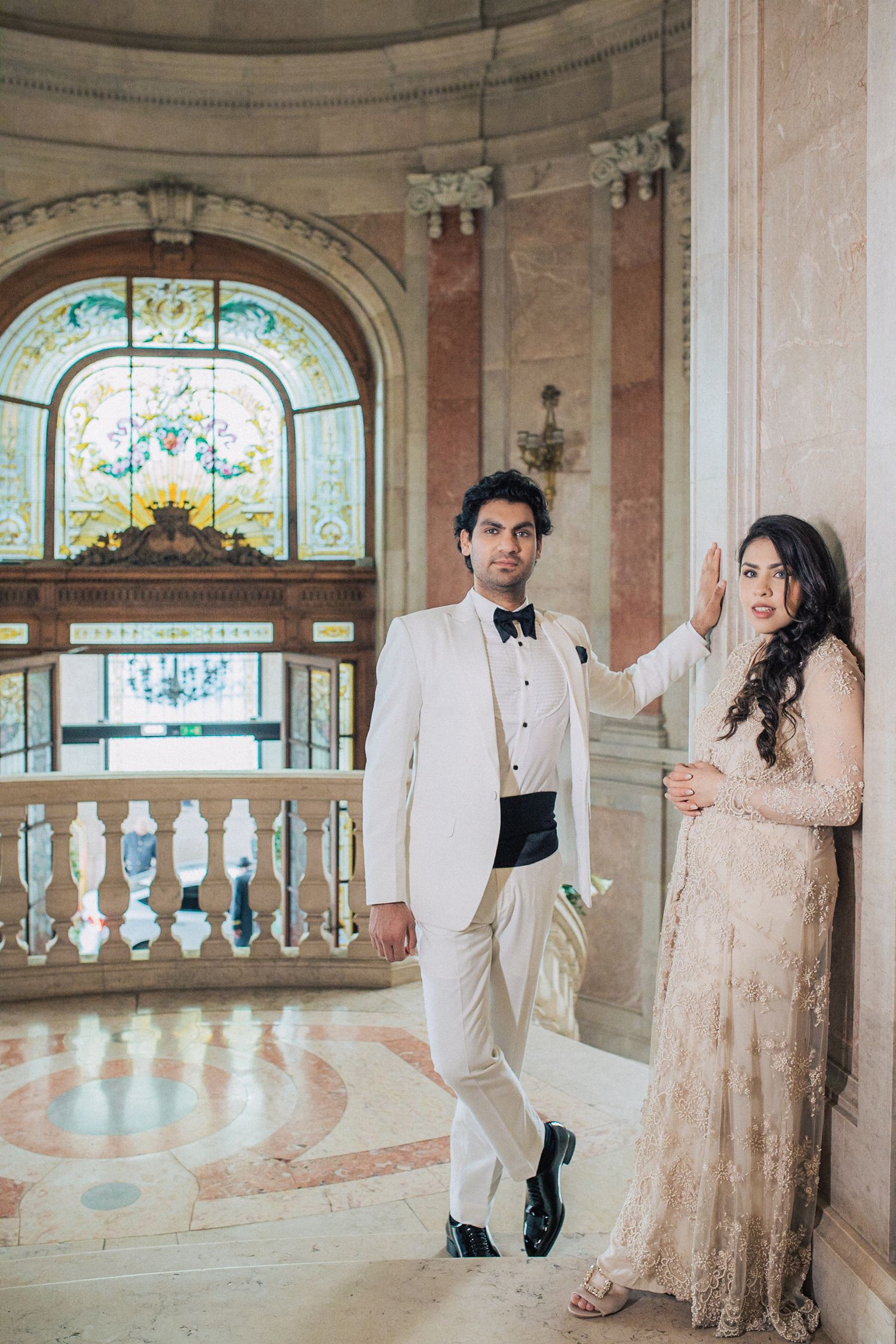 Editorial-style Indian engagement session in Pestana palace, Portugal with royal interiors and elegant styling