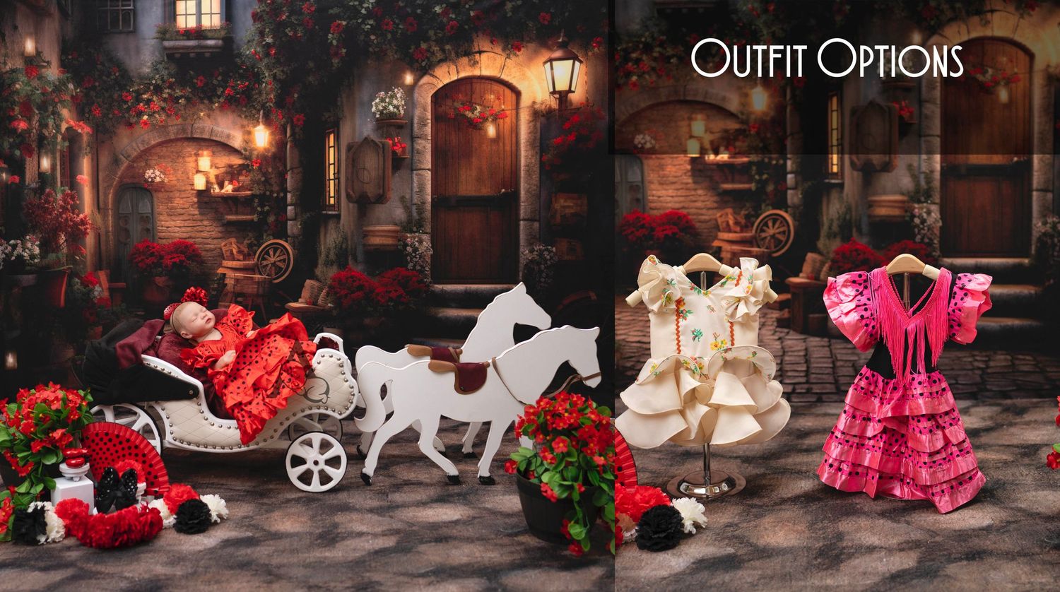 Romantic garden scene displaying outfit options with carriage, dresses, and boots against stone wall.