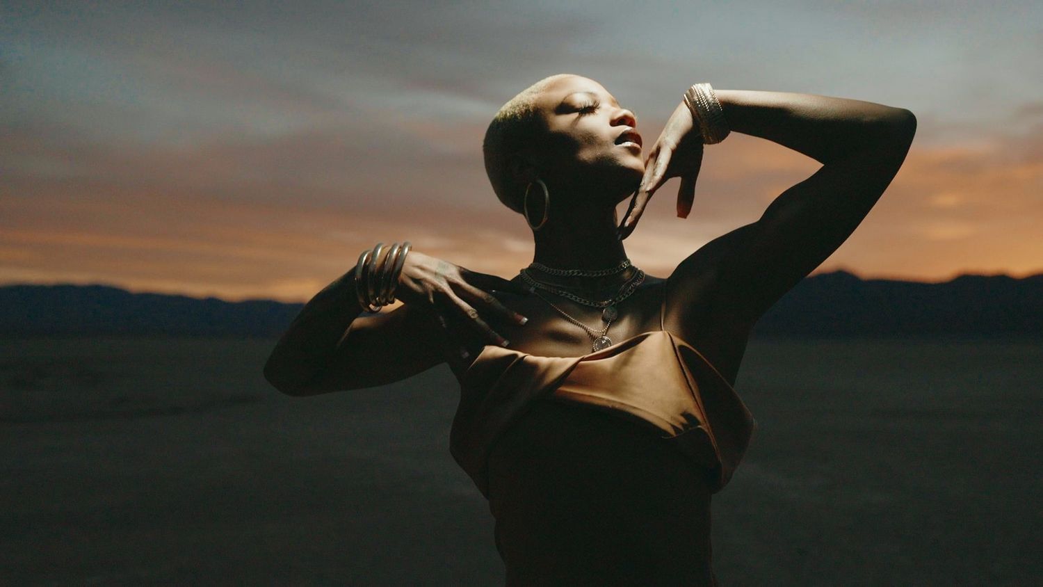 A silhouetted figure strikes an expressive dance pose against a moody sunset sky in a desert landscape.