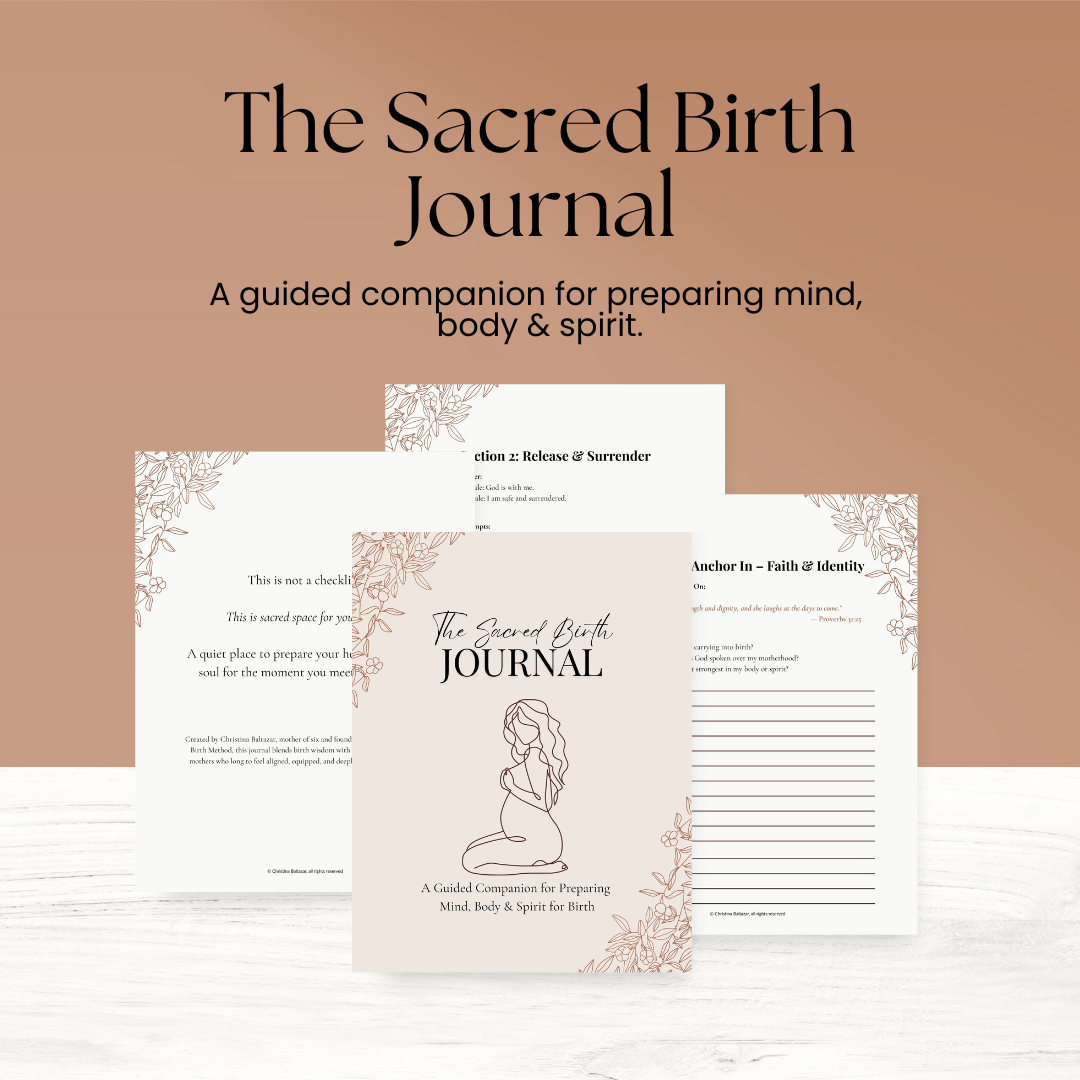 A minimal journal layout design featuring 'The Sacred Birth Journal' title and scattered pages on a warm brown background.