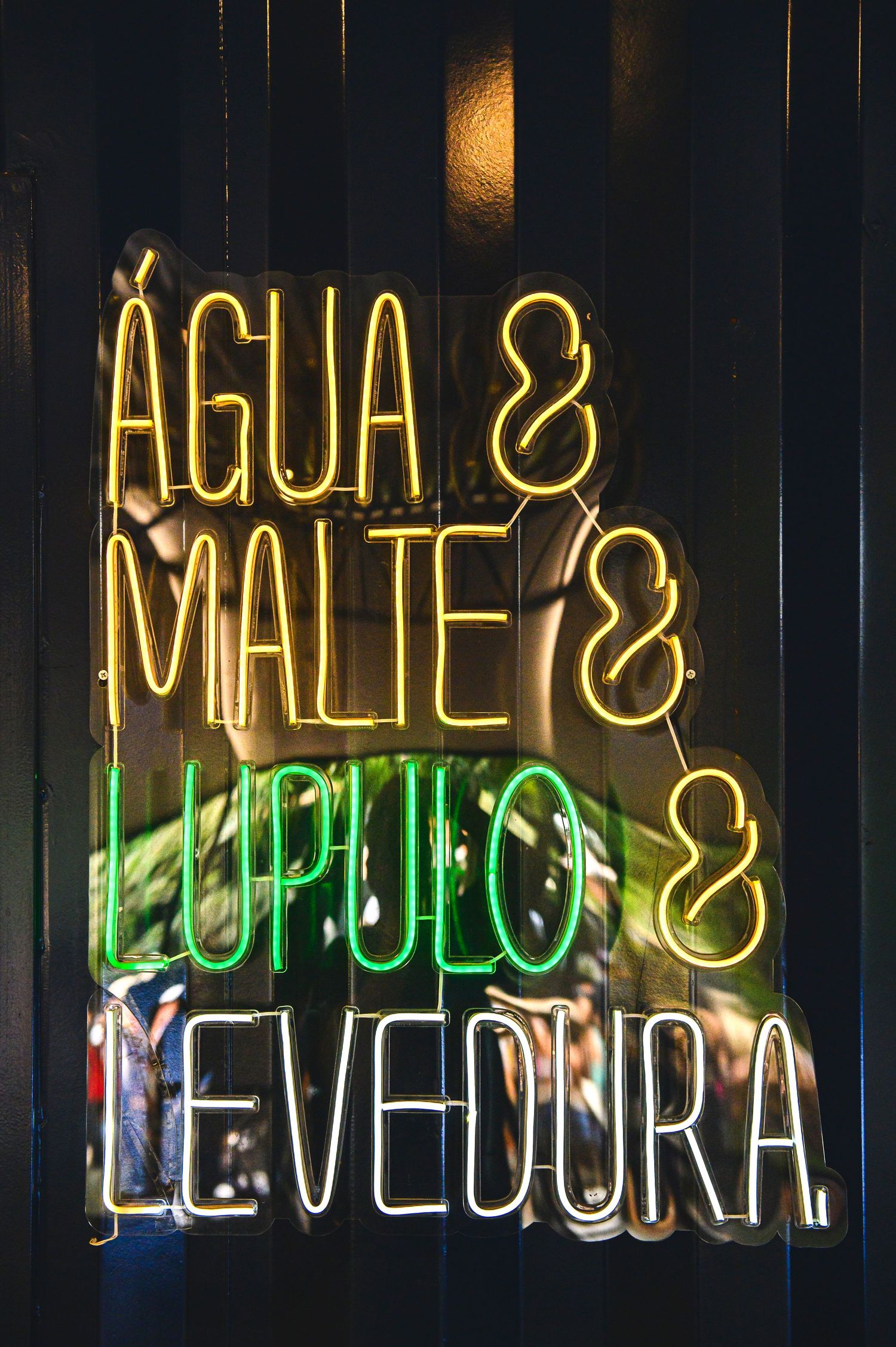 Neon signs illuminated in yellow and green displaying 'Malta Levadura' against a dark background.