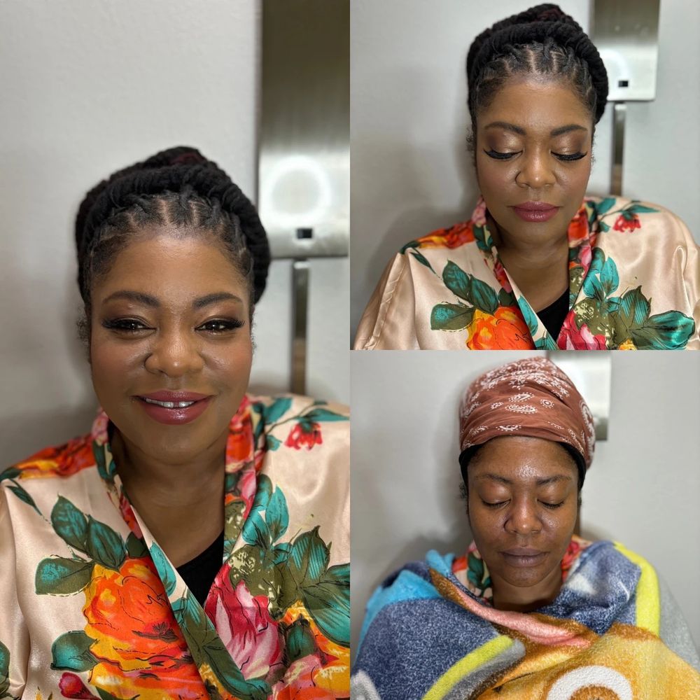 Someone in a colorful floral print top showcases different makeup and styling looks in a photo collage series.