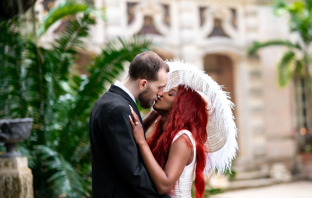 Elegant black-and-white image at Vizcaya archway, styled by South Florida wedding photographers.
