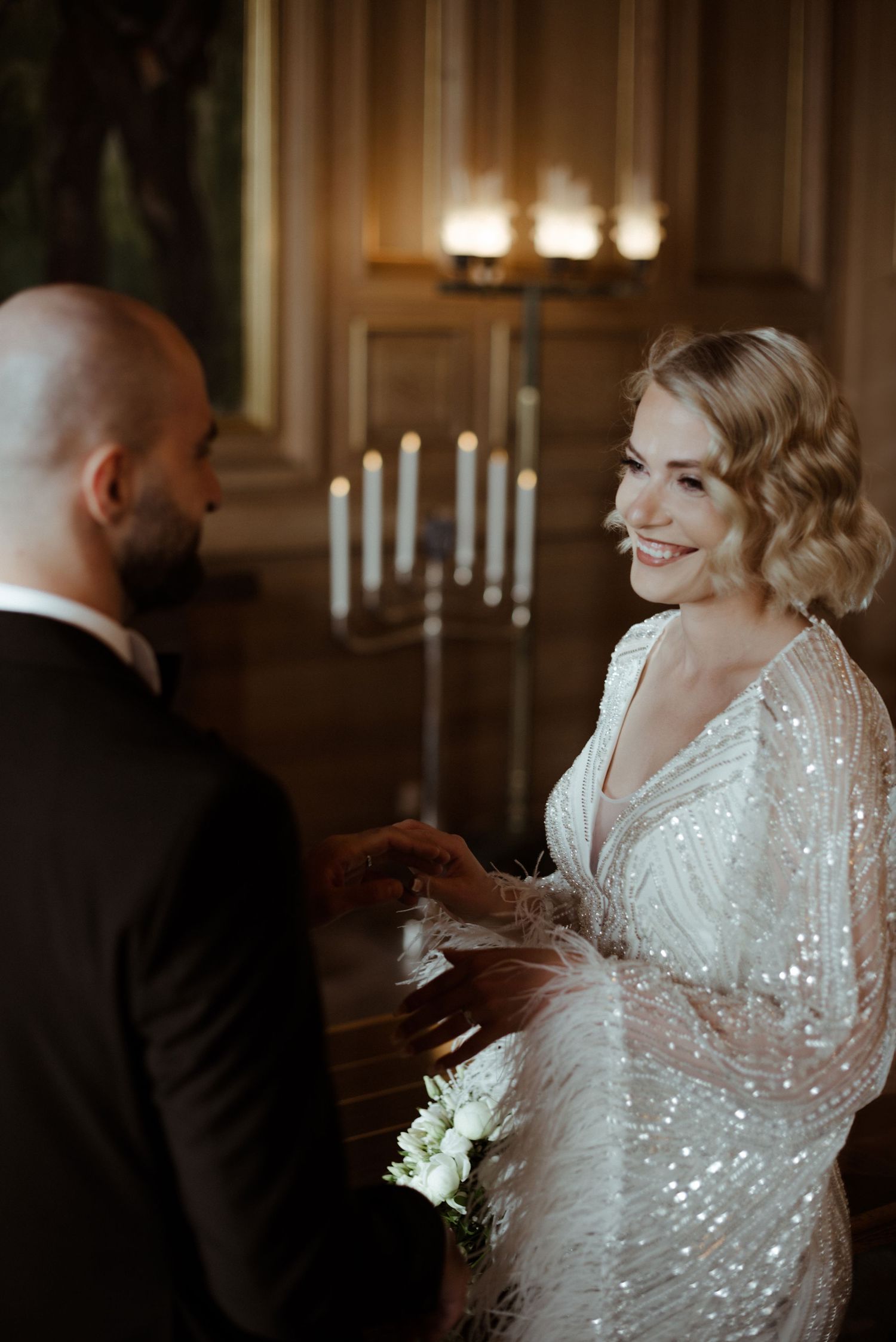 A sequence of candid moments shows the sparkle of a sequined wedding dress in warm indoor lighting at an elegant venue.