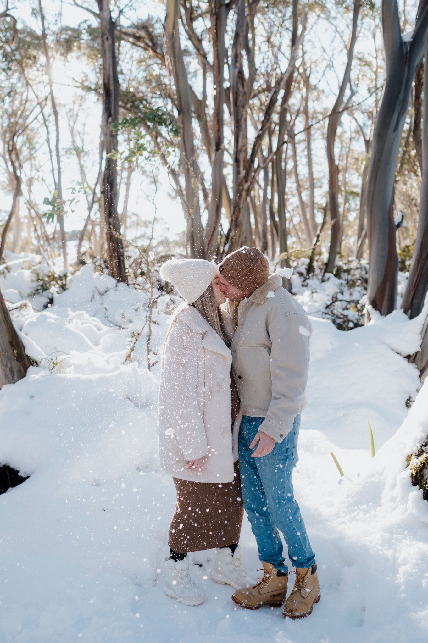 A couple shares an intimate moment on a snowy winter path surrounded by tall eucalyptus trees in a forest.