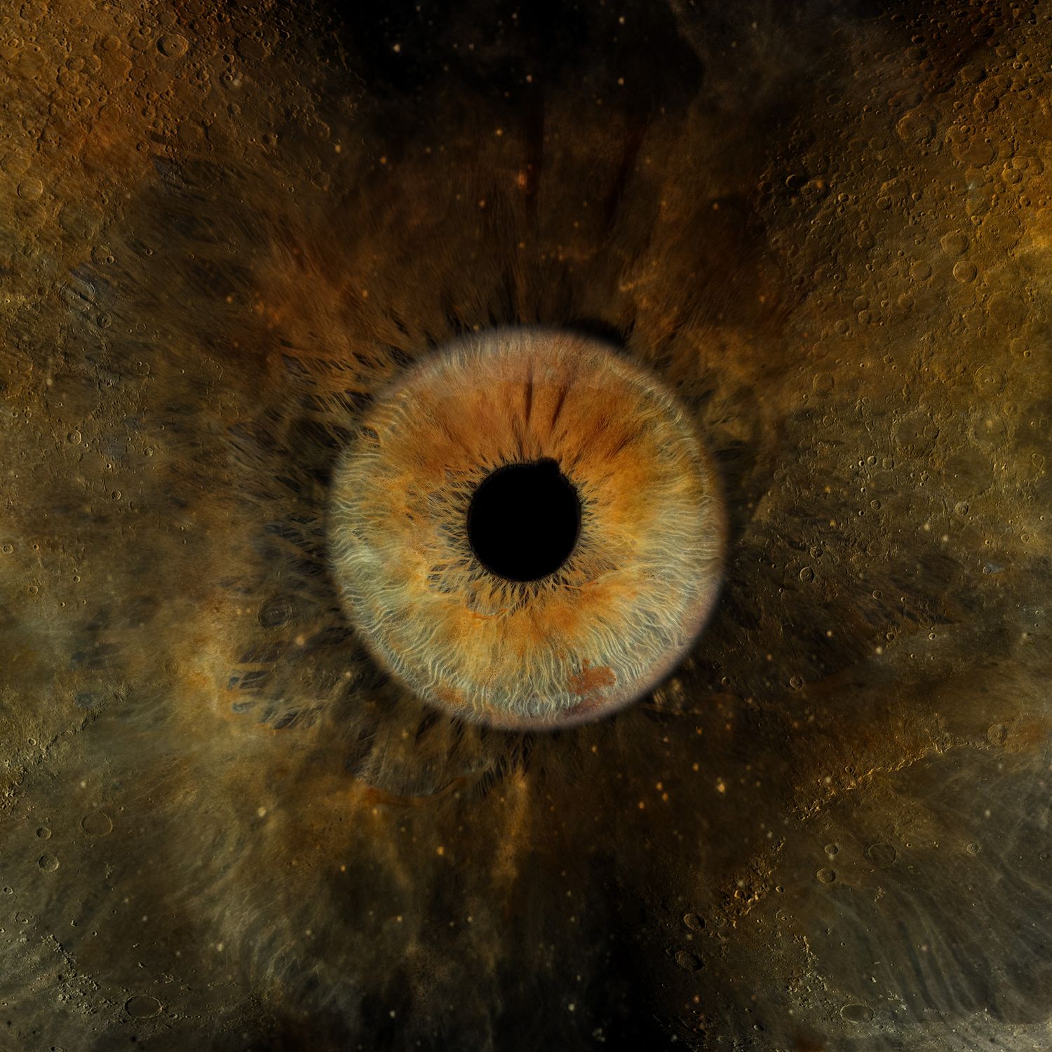 A detailed macro photograph of a golden-brown human iris with intricate patterns against a black background.