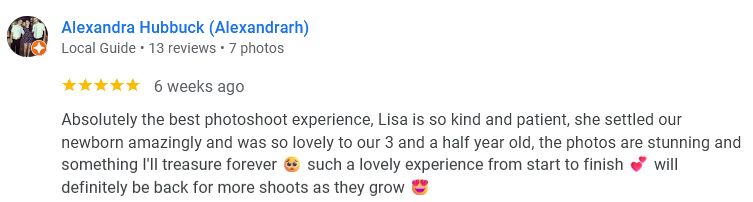 A social media review showing a 5-star rating with positive customer feedback about a photoshoot experience.