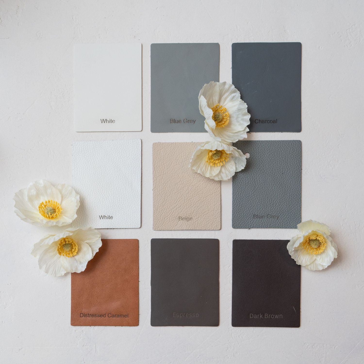 Paint color swatches in neutral gray tones decorated with white poppies.