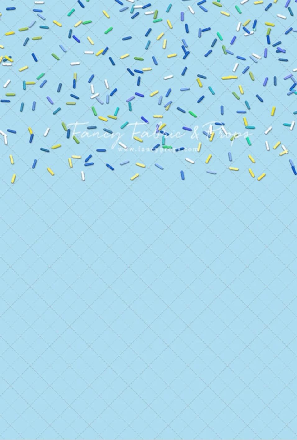 Colorful confetti sprinkles falling against a light blue background in a festive celebration pattern.