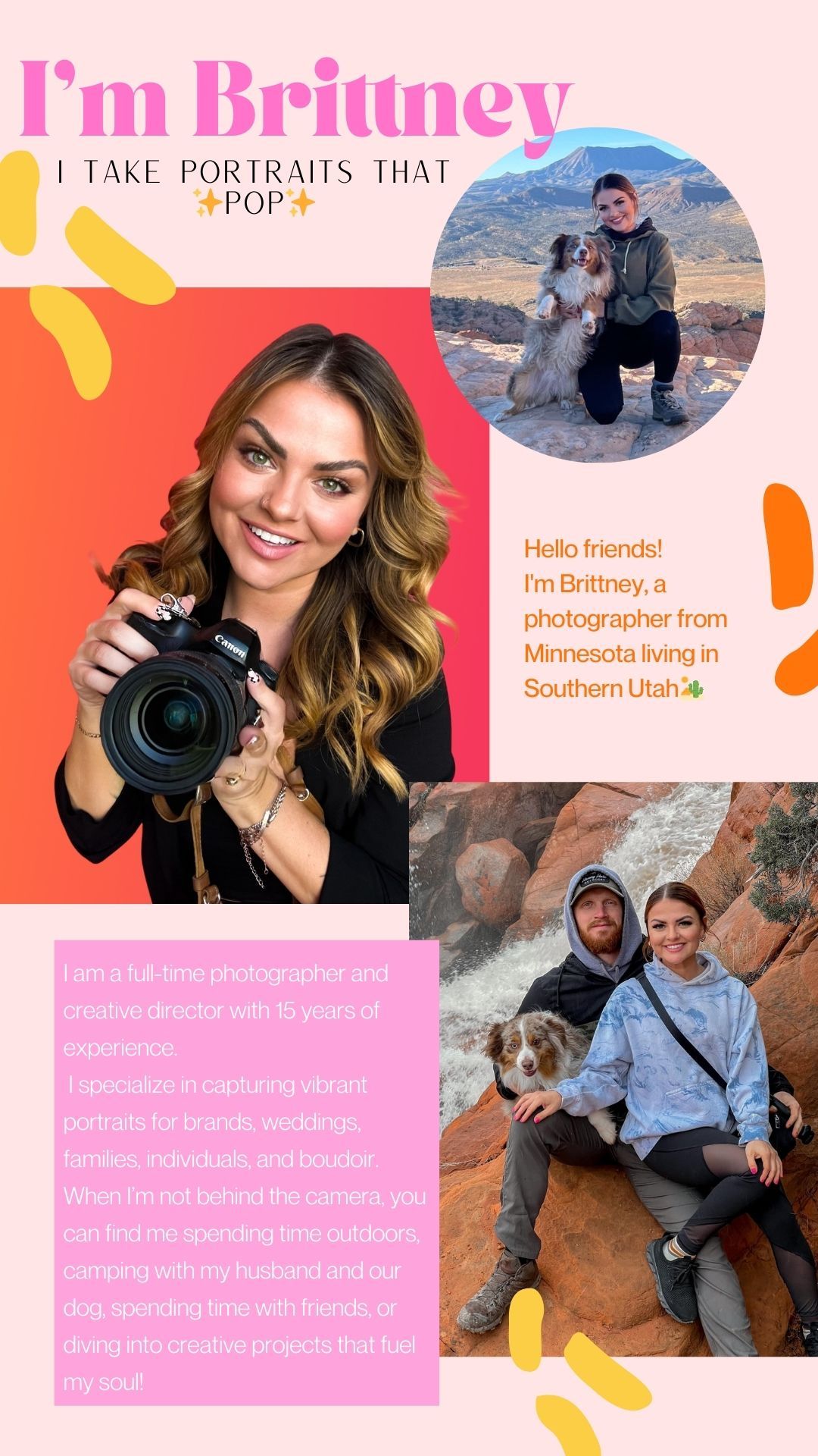 Photographer's introduction template with headshot and sample outdoor family photos.
