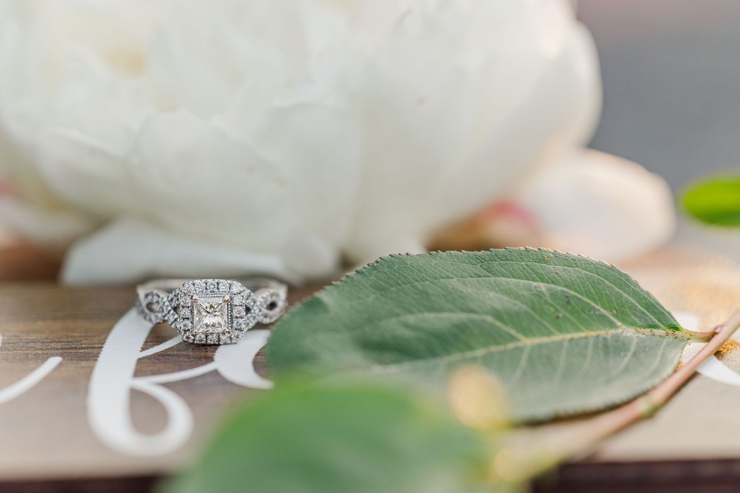 Close-up view of a sparkling diamond engagement ring with green leaves and white flowers in soft focus.