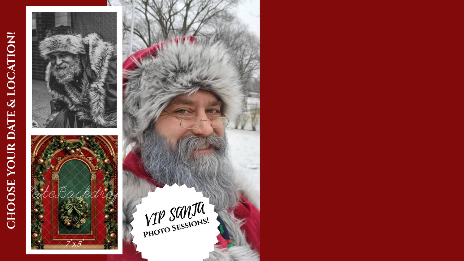Portrait collection featuring winter outdoor photography, a festive holiday door decoration, and vintage VIP themed design.