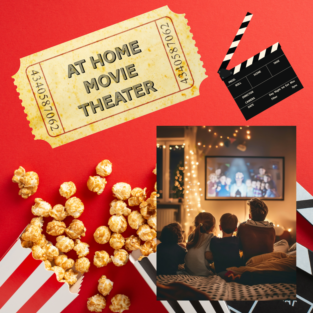 Movie collage showing theater ticket, popcorn, clapperboard and people watching a film on projector screen with string lights.