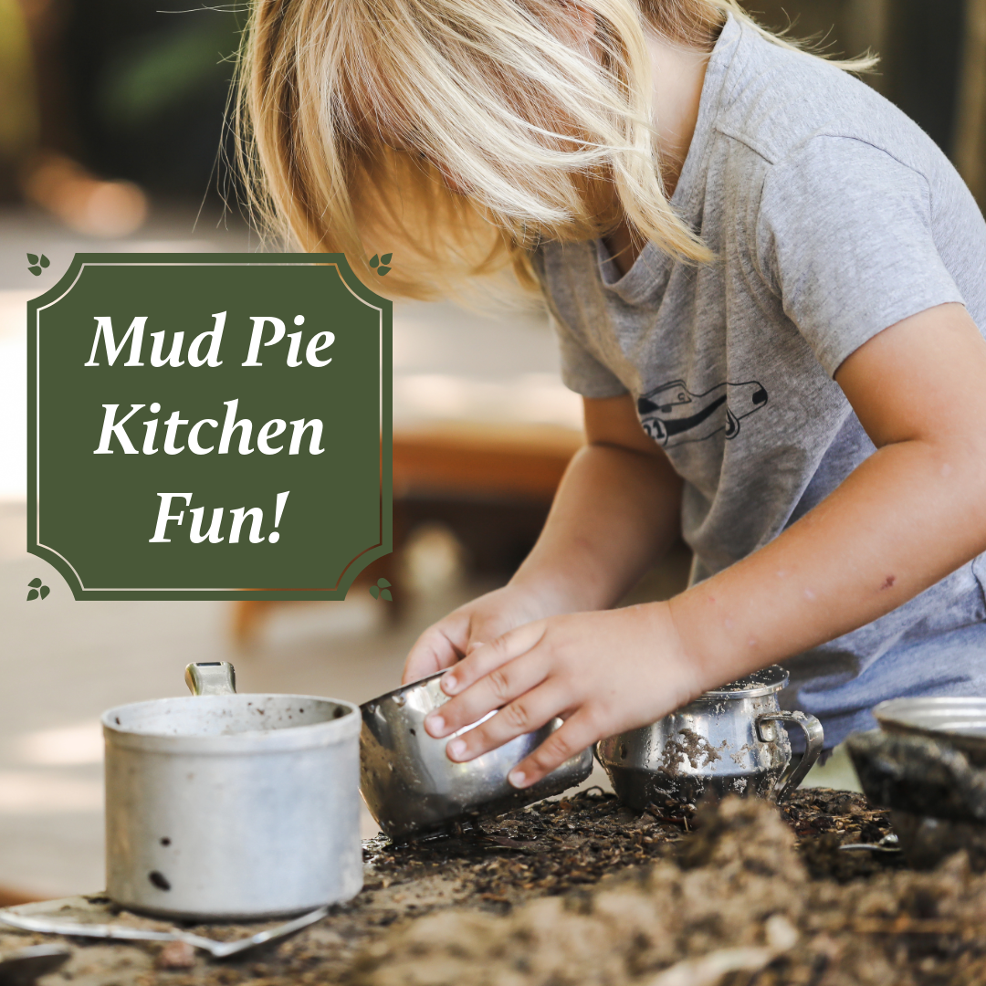 Child playing with mud and pots outdoors engaging in sensory mud pie kitchen play activities.