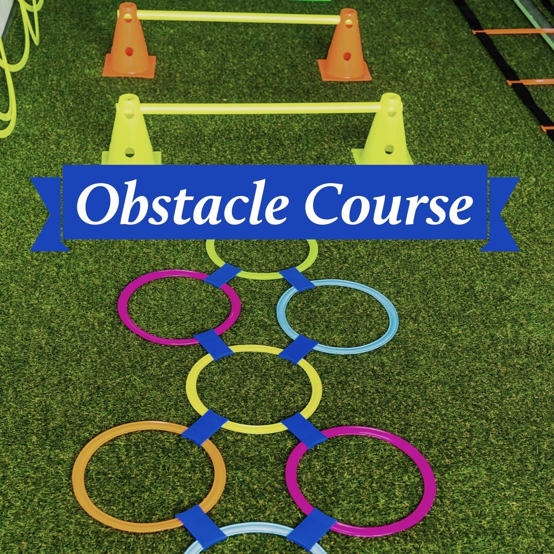 Colorful agility training setup with hurdles and connected rings on green turf for fitness and sports drills.