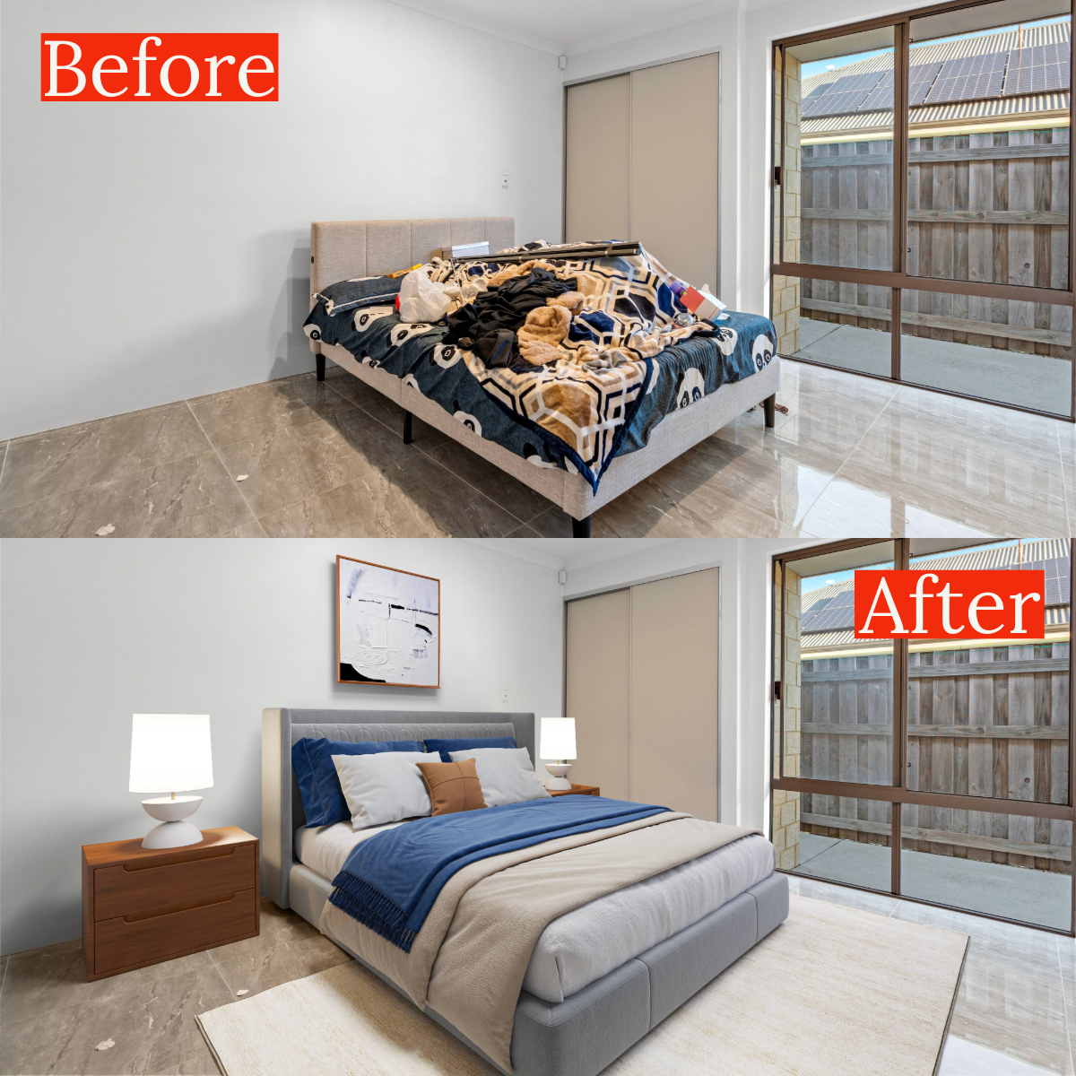 Before and after bedroom makeover showing transformation from messy bedding to modern blue and beige styled room with bedside table.